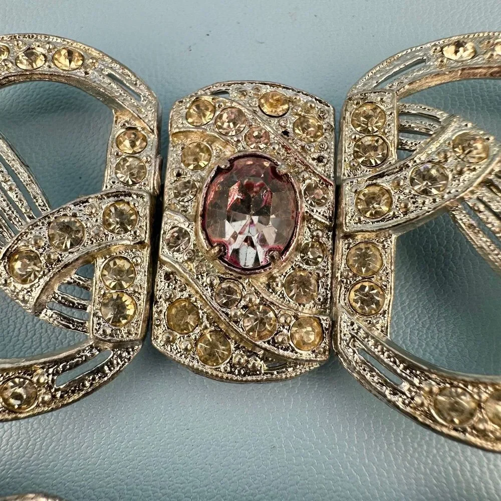 Antique Art Deco Nouveau Interlocking Belt Buckle Lot Clear Rhinestone Pot Metal